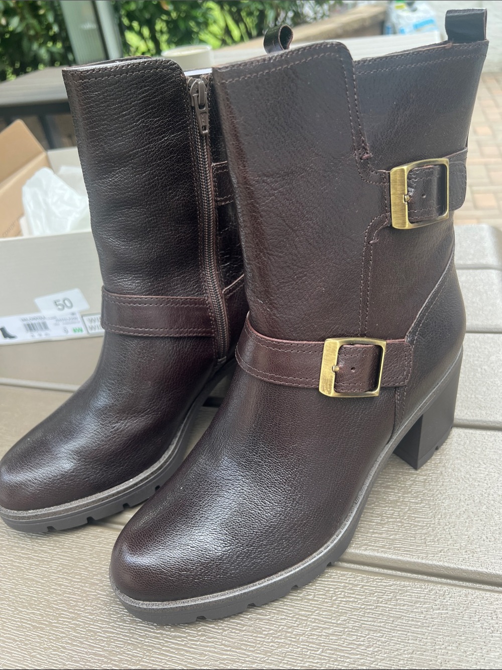 Women's Naturalizer Dark Brown Leather Mid-Calf Buckle Boots Size 9 WIDE.